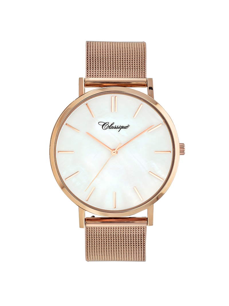 Case Rose Gold Plated Stainless Steel Dial Mother of Pearl Dial Baton Quick Release Mesh Band