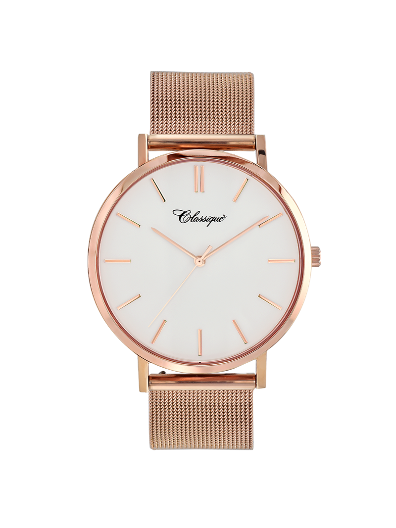 Case Rose Gold Plated Stainless Steel Dial White Dial Baton Quick Release Mesh Band