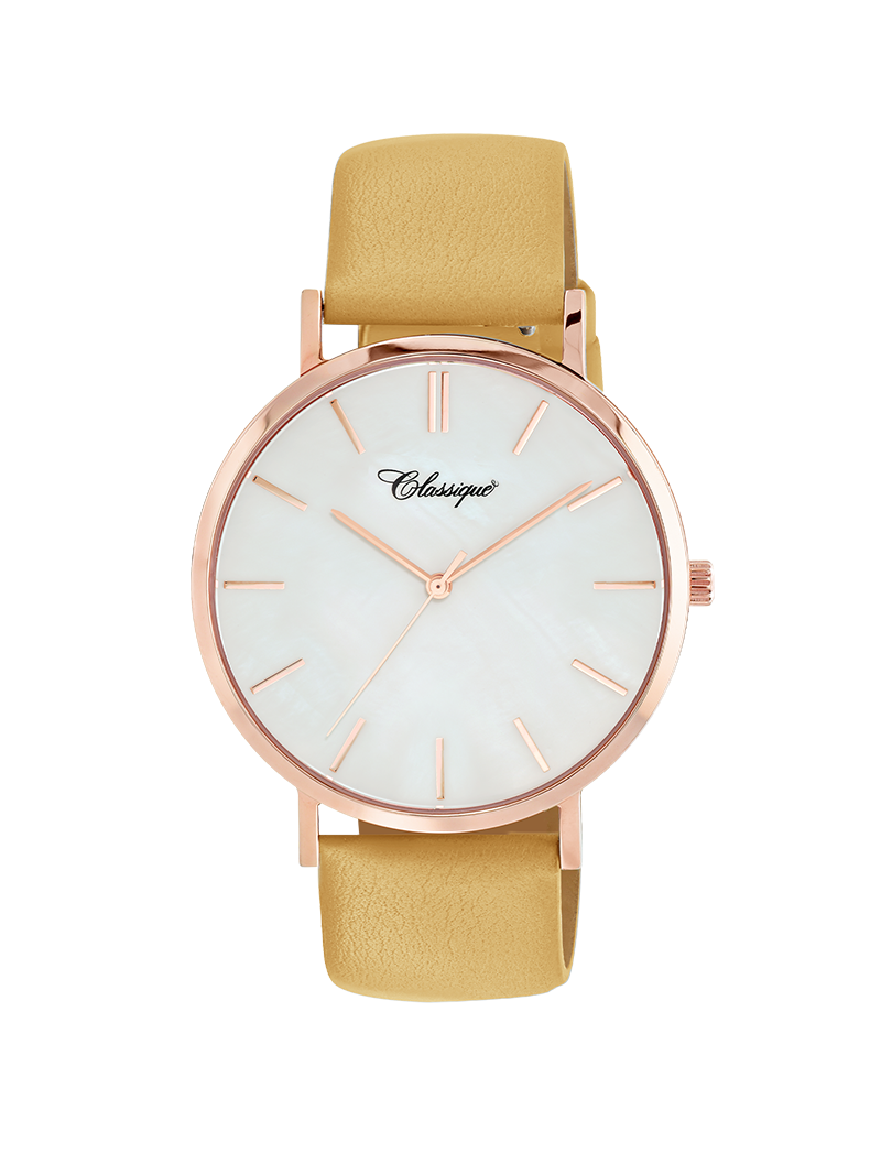 Case Rose Gold Plated Stainless Steel Dial Mother of Pearl Dial Baton Quick Release Leather Mustard