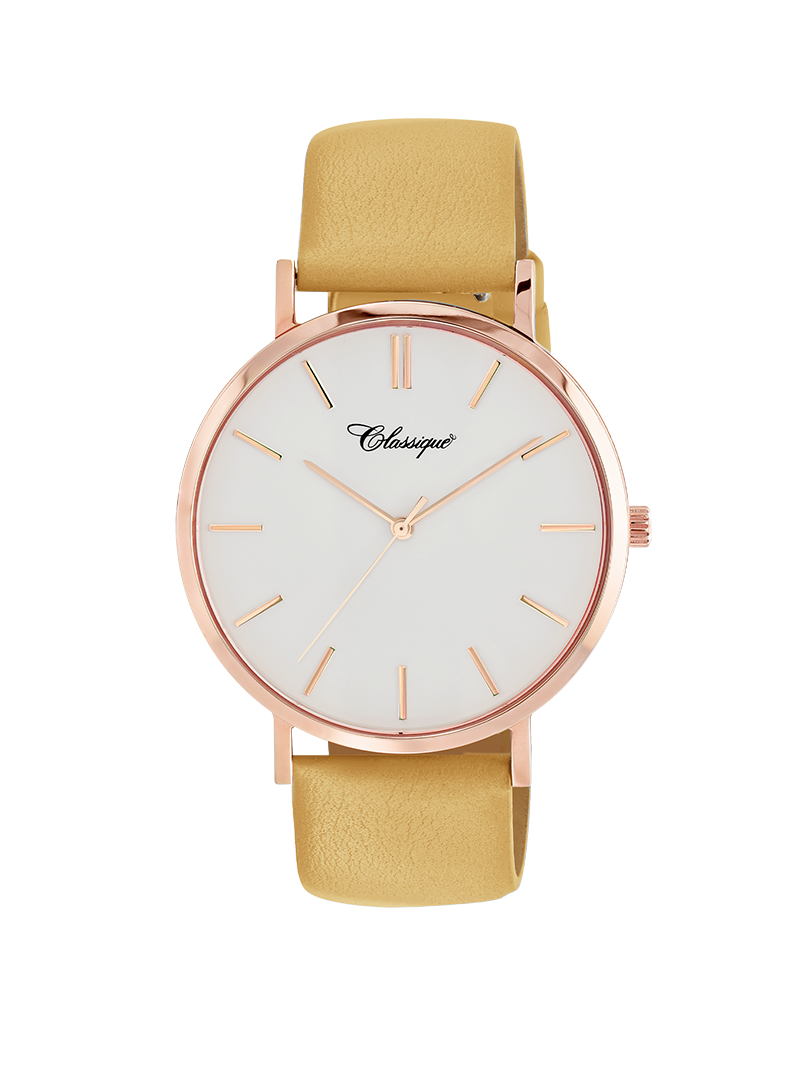 Case Rose Gold Plated Stainless Steel Dial White Dial Baton Quick Release Leather Mustard