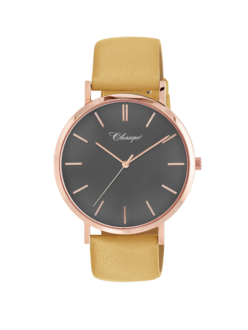 Case Rose Gold Plated Stainless Steel Dial Grey Dial Baton Quick Release Leather Mustard