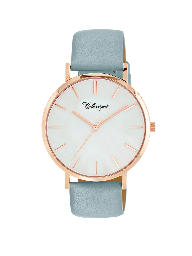 Case Rose Gold Plated Stainless Steel Dial Mother of Pearl Dial Baton Quick Release Leather Sky Blue