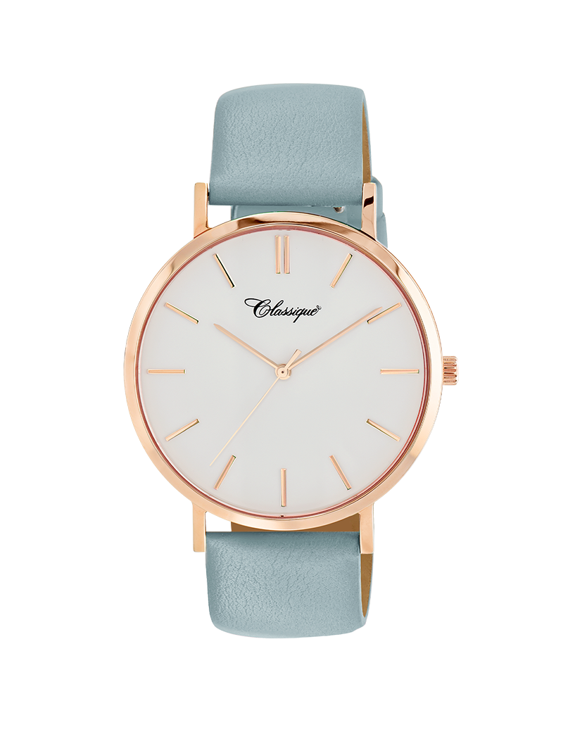 Case Rose Gold Plated Stainless Steel Dial White Dial Baton Quick Release Leather Sky Blue