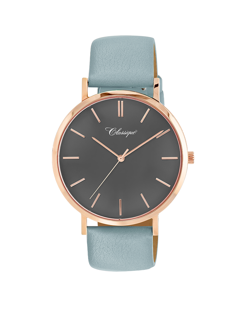 Case Rose Gold Plated Stainless Steel Dial Grey Dial Baton Quick Release Leather Sky Blue