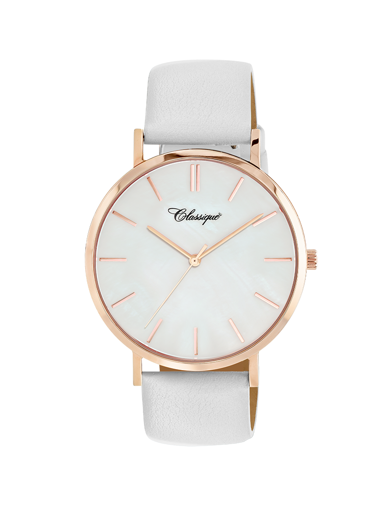 Case Rose Gold Plated Stainless Steel Dial Mother of Pearl Dial Baton Quick Release Leather White