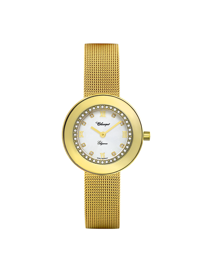 Case Gold Plated Stainless Steel Dial Silver Dial Square Stone Mesh Band