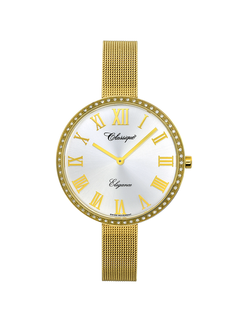 Case Gold Plated Stainless Steel Dial Silver Dial Champagne Roman Mesh Band