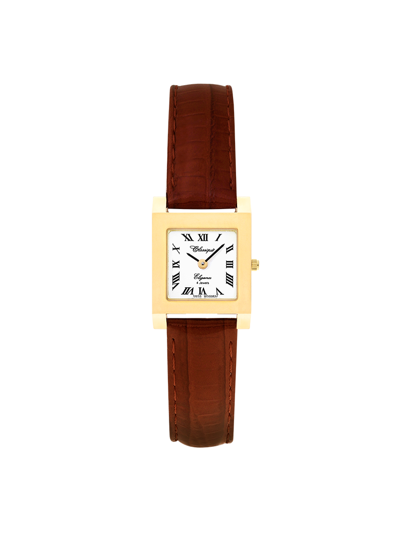 Case 14ct Gold Dial White Dial Black Roman Leather Brown