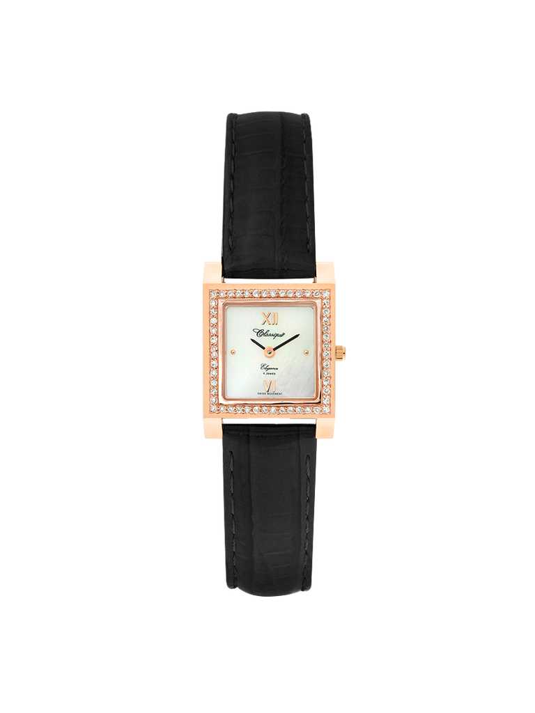 Case 14ct Rose Gold Dial Mother of Pearl Dial Rose Roman Band Leather Black
