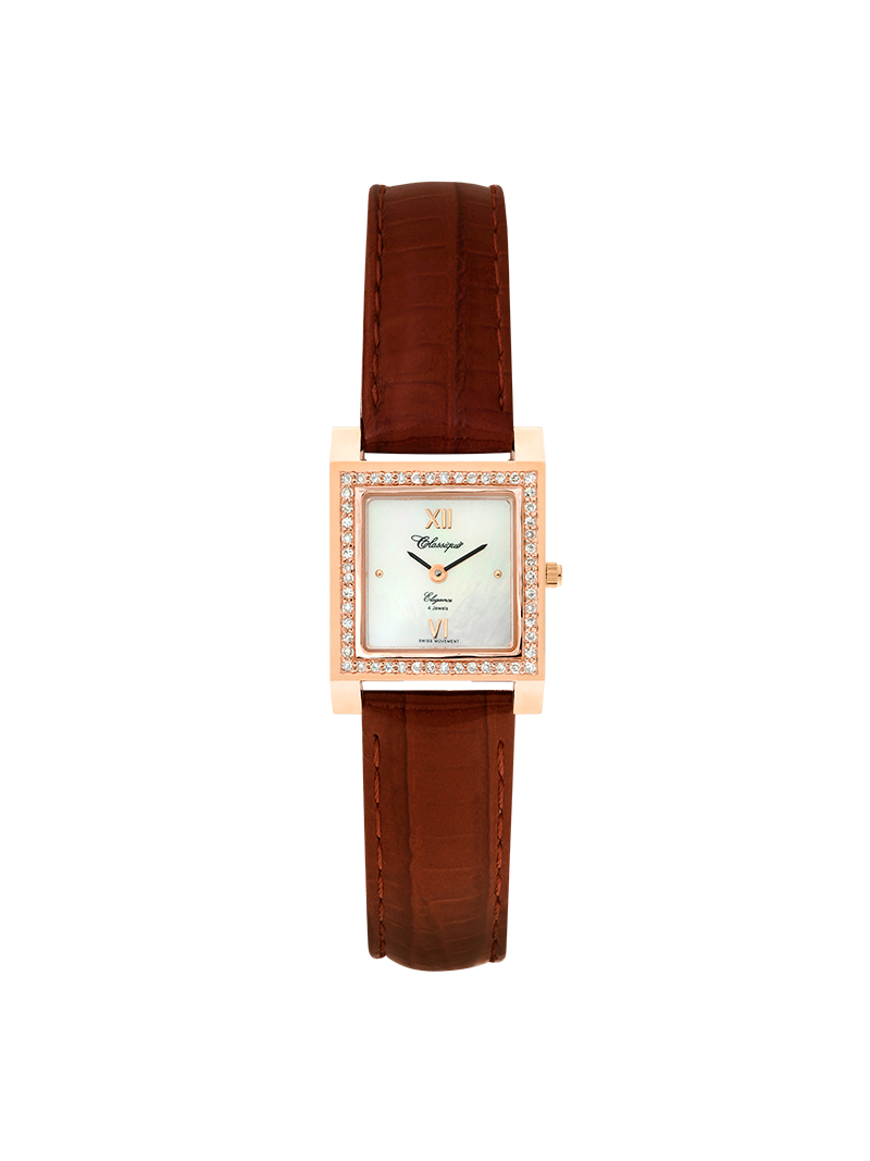 Case 14ct Rose Gold Dial Mother of Pearl Dial Rose Roman Band Leather Brown