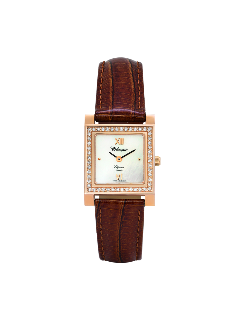 Case 14ct Rose Gold Dial Mother of Pearl Dial Rose Roman Leather Brown