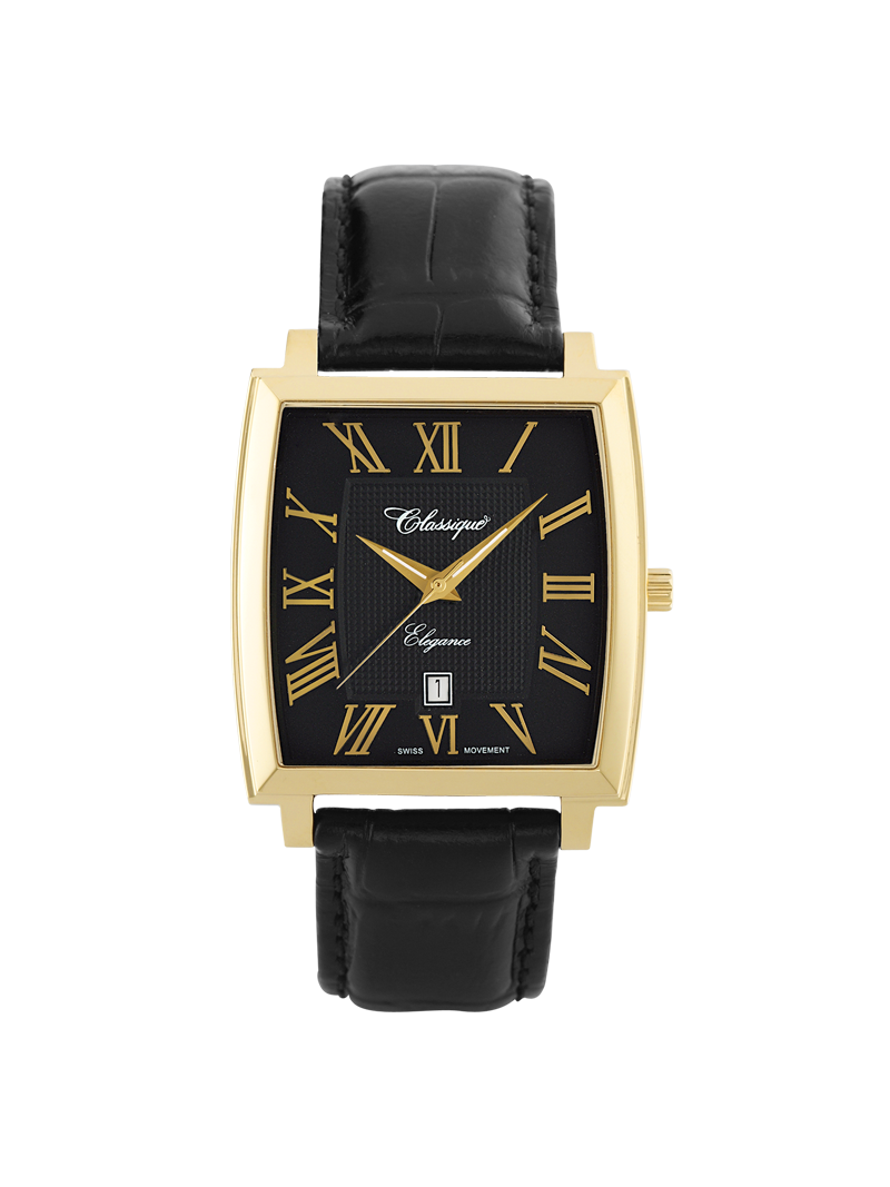 Case Gold Plated Stainless Steel Dial Black Dial Champagne Roman Leather Black