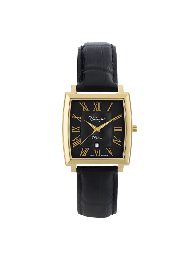 Case Gold Plated Stainless Steel Dial Black Dial Champagne Roman Leather Black