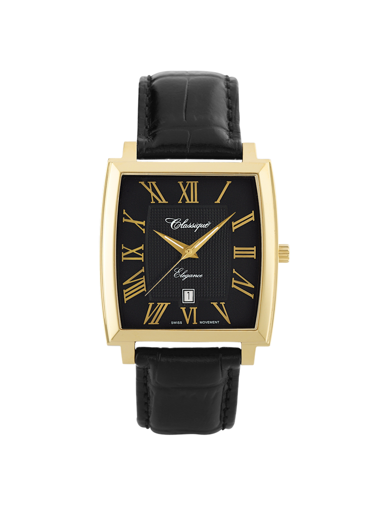 Case Gold Plated Stainless Steel Dial Black Dial Champagne Roman Leather Black