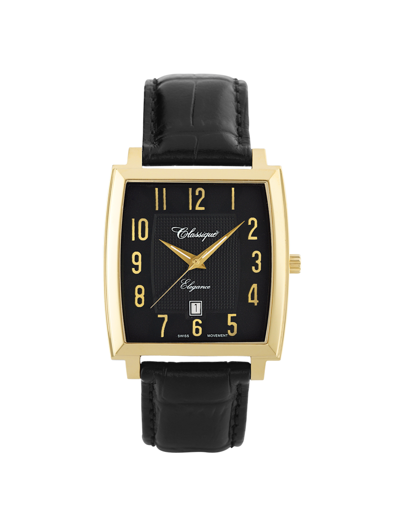 Case Gold Plated Stainless Steel Dial Black Dial Champagne Arabic Leather Black