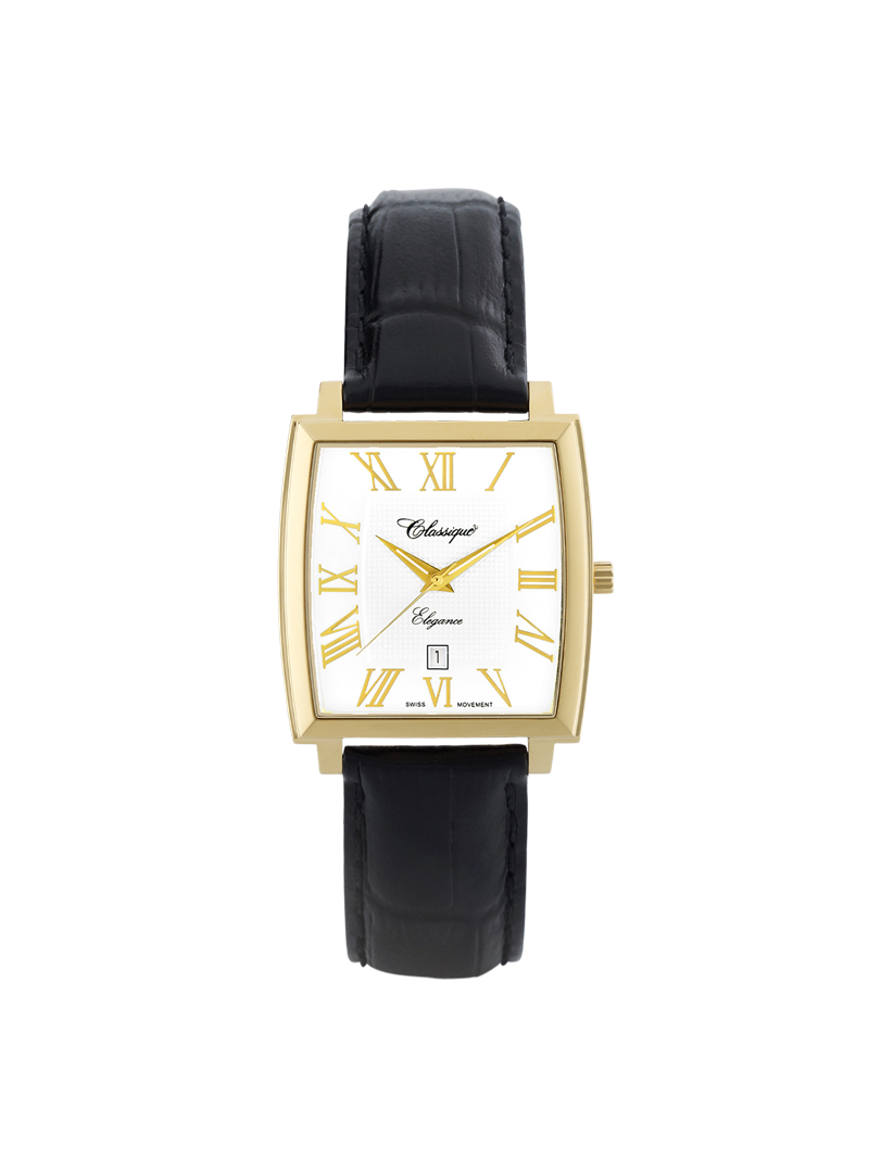 Case Gold Plated Stainless Steel Dial White Dial Champagne Roman Leather Black