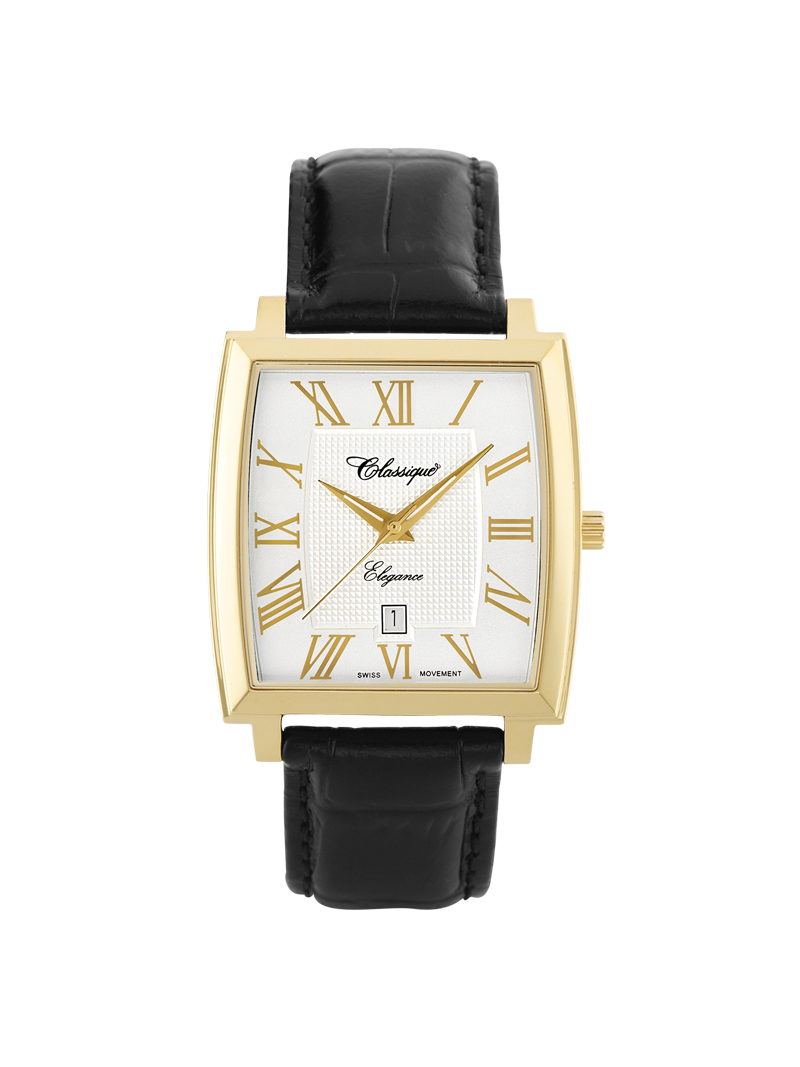 Case Gold Plated Stainless Steel Dial White Dial Champagne Roman Leather Black