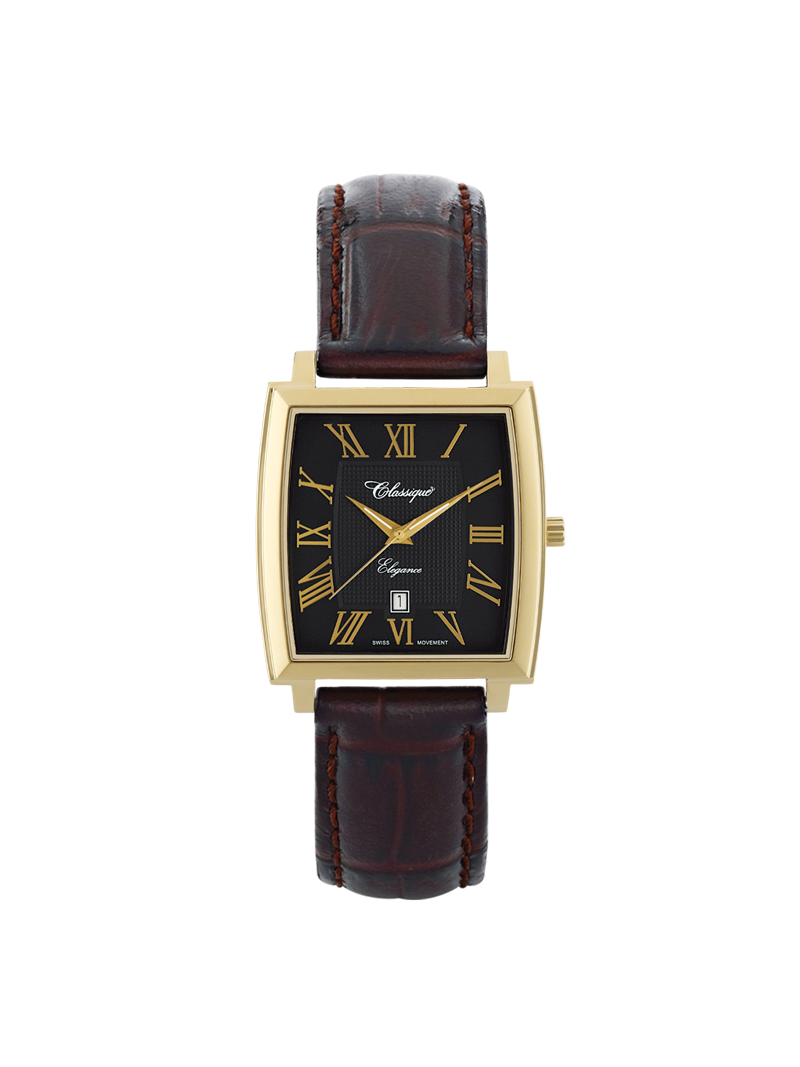 Case Gold Plated Stainless Steel Dial Black Dial Champagne Roman Leather Brown