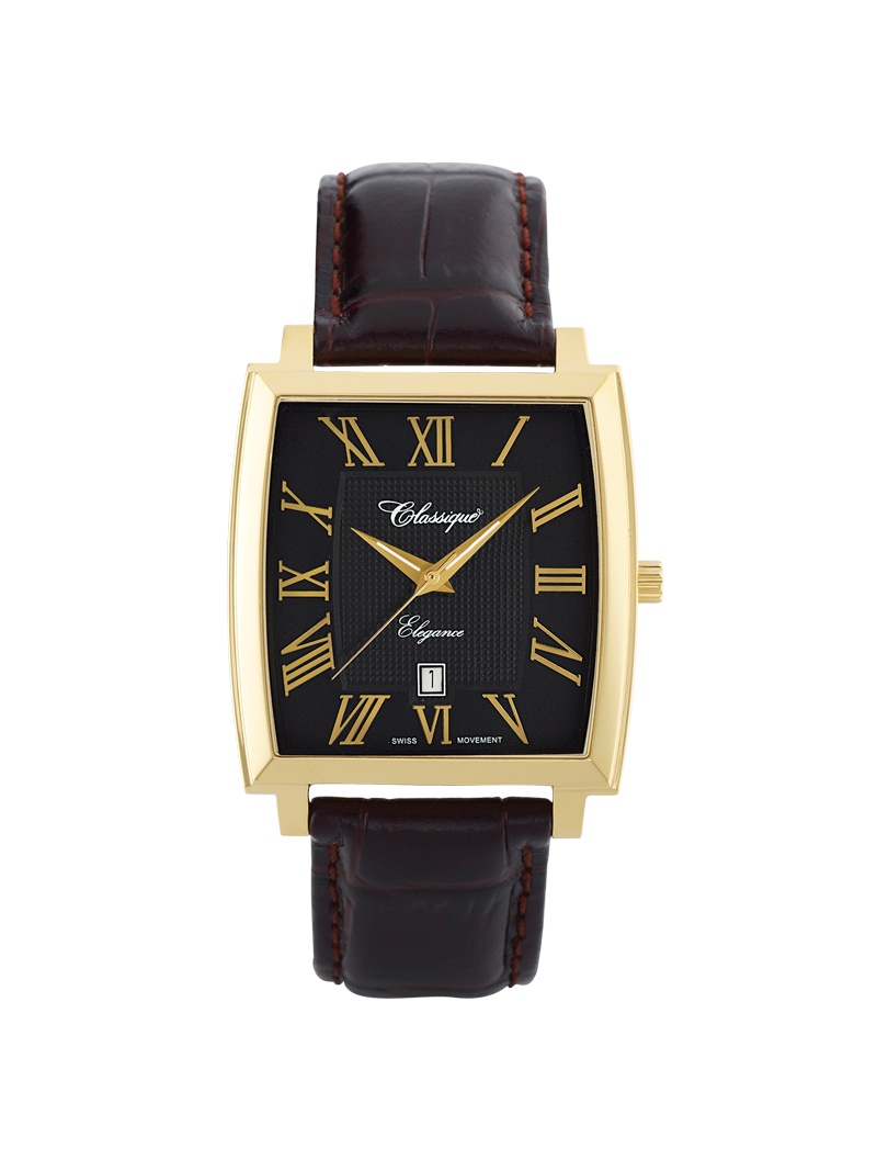 Case Gold Plated Stainless Steel Dial Black Dial Champagne Roman Leather Brown