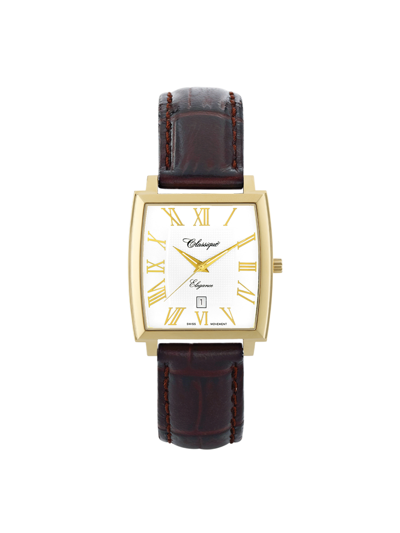 Case Gold Plated Stainless Steel Dial White Dial Champagne Roman Leather Brown