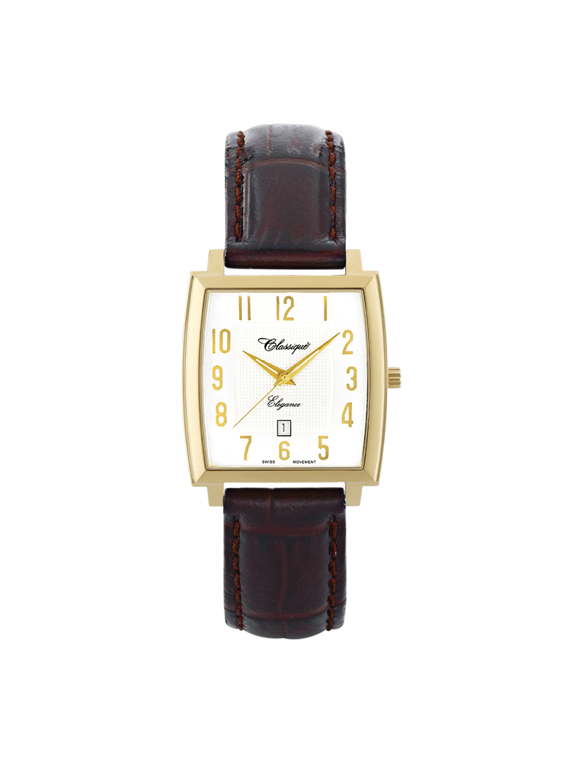 Case Gold Plated Stainless Steel Dial White Dial Champagne Arabic Leather Brown