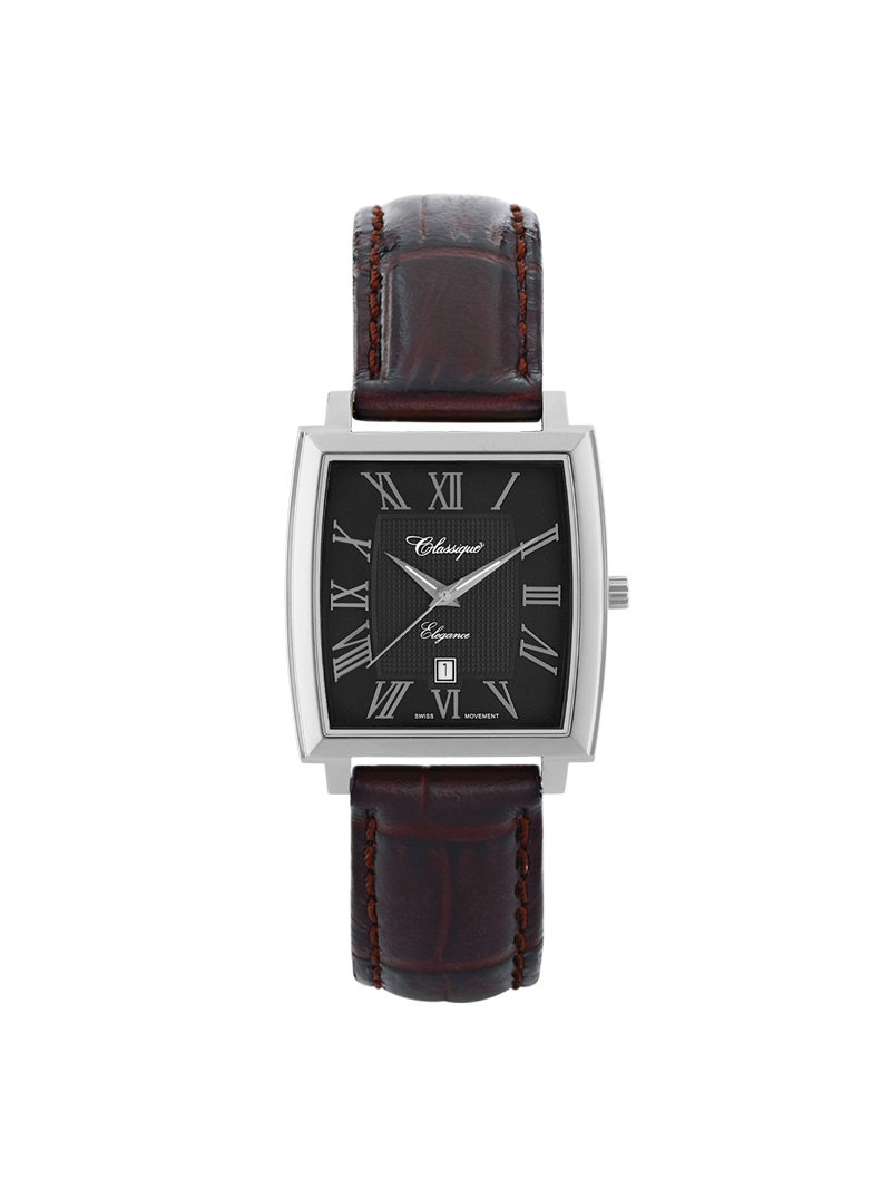 Case Stainless Steel Dial Black Dial Silver Roman Leather Brown