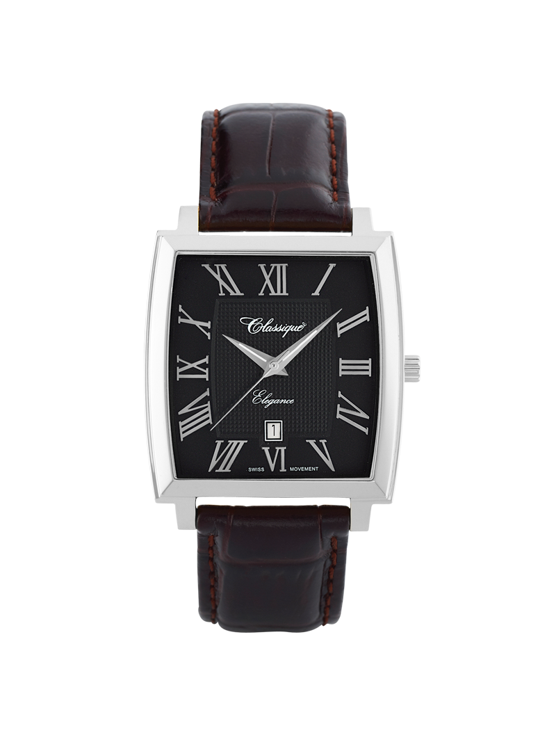 Case Stainless Steel Dial Black Dial Silver Roman Leather Brown