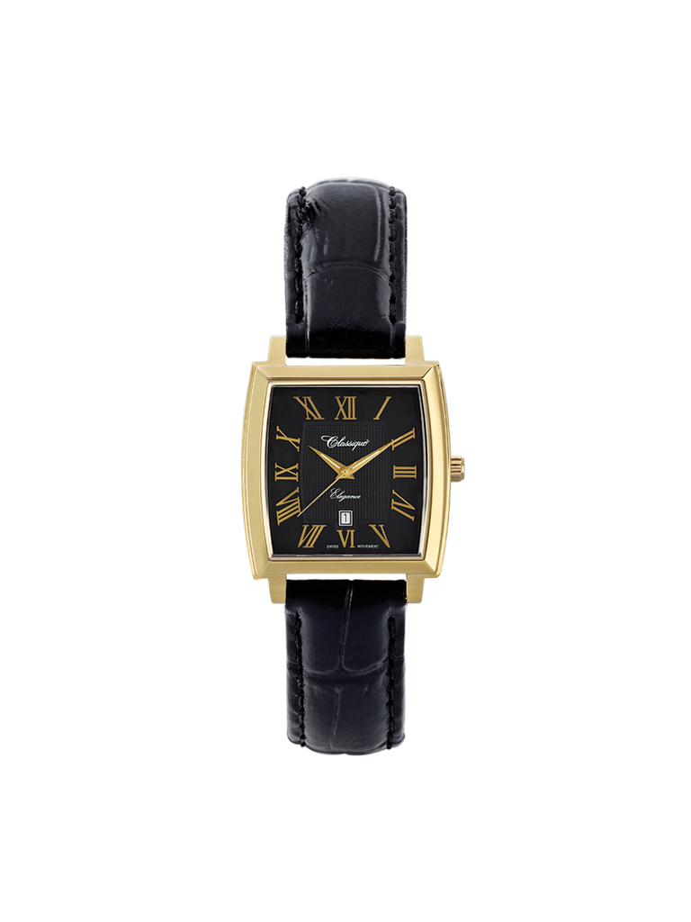 Case Gold Plated Stainless Steel Dial Black Dial Champagne Roman Leather Black