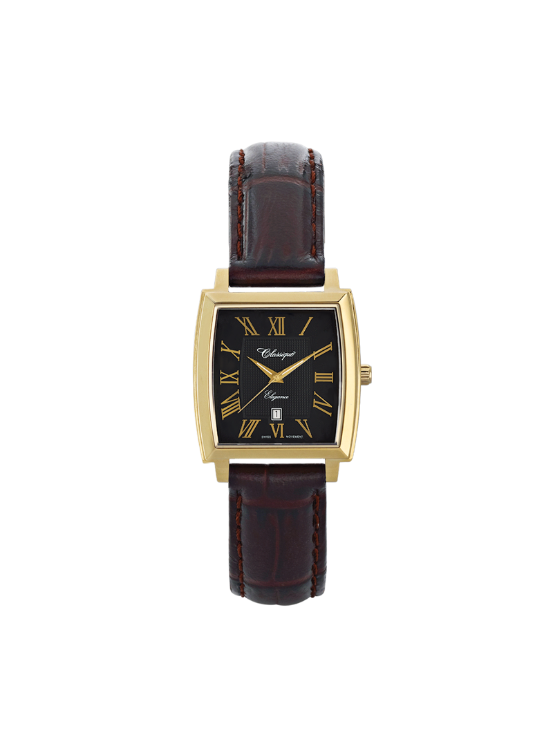 Case Gold Plated Stainless Steel Dial Black Dial Champagne Roman Leather Brown