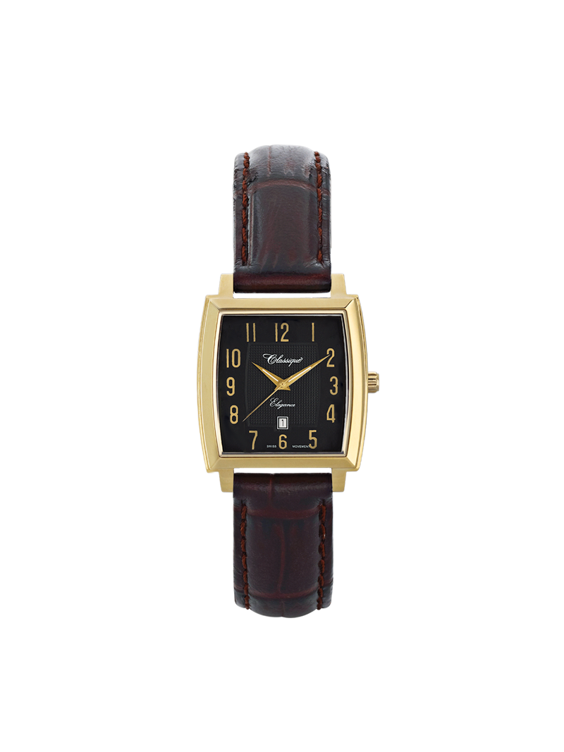 Case Gold Plated Stainless Steel Dial Black Dial Champagne Arabic Leather Brown