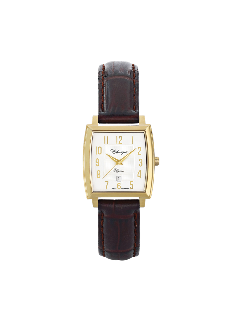 Case Gold Plated Stainless Steel Dial White Dial Champagne Arabic Band Leather Brown