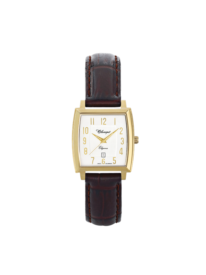 Case Gold Plated Stainless Steel Dial White Dial Champagne Arabic Leather Brown