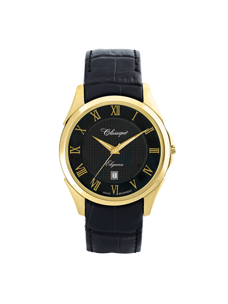 Case Gold Plated Stainless Steel Dial Black Dial Champagne Roman Leather Black