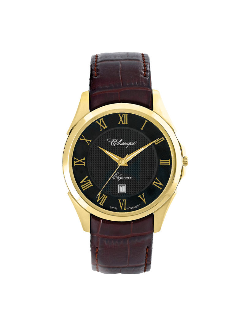 Case Gold Plated Stainless Steel Dial Brown Dial Champagne Roman Leather Brown