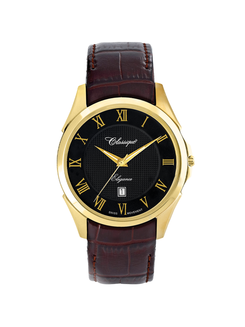 Case Gold Plated Stainless Steel Dial Black Dial Champagne Roman Leather Brown