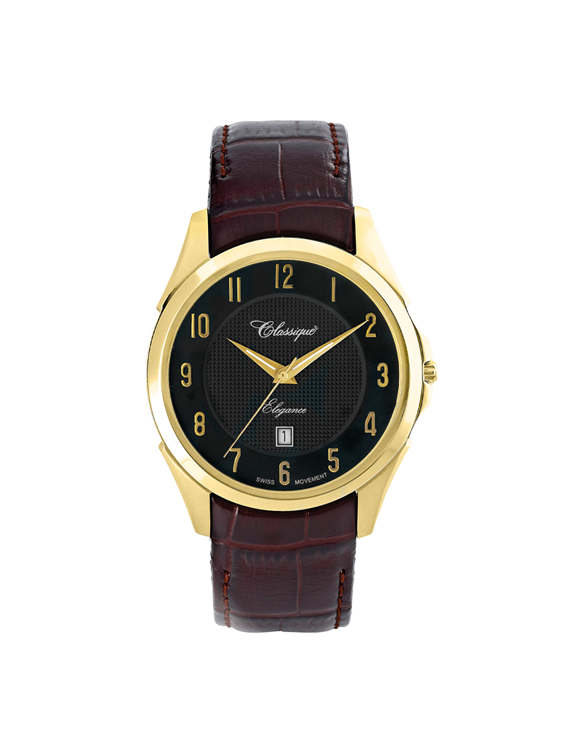 Case Gold Plated Stainless Steel Dial Black Dial Champagne Arabic Band Leather Brown