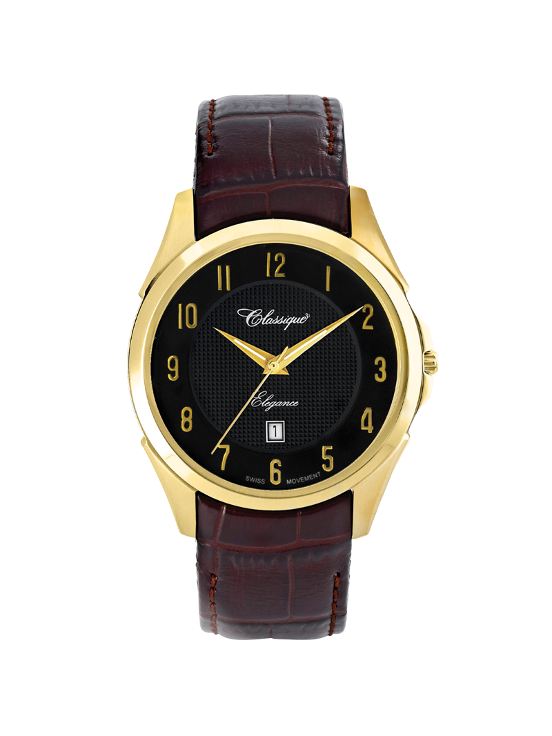 Case Gold Plated Stainless Steel Dial Black Dial Champagne Arabic Leather Brown