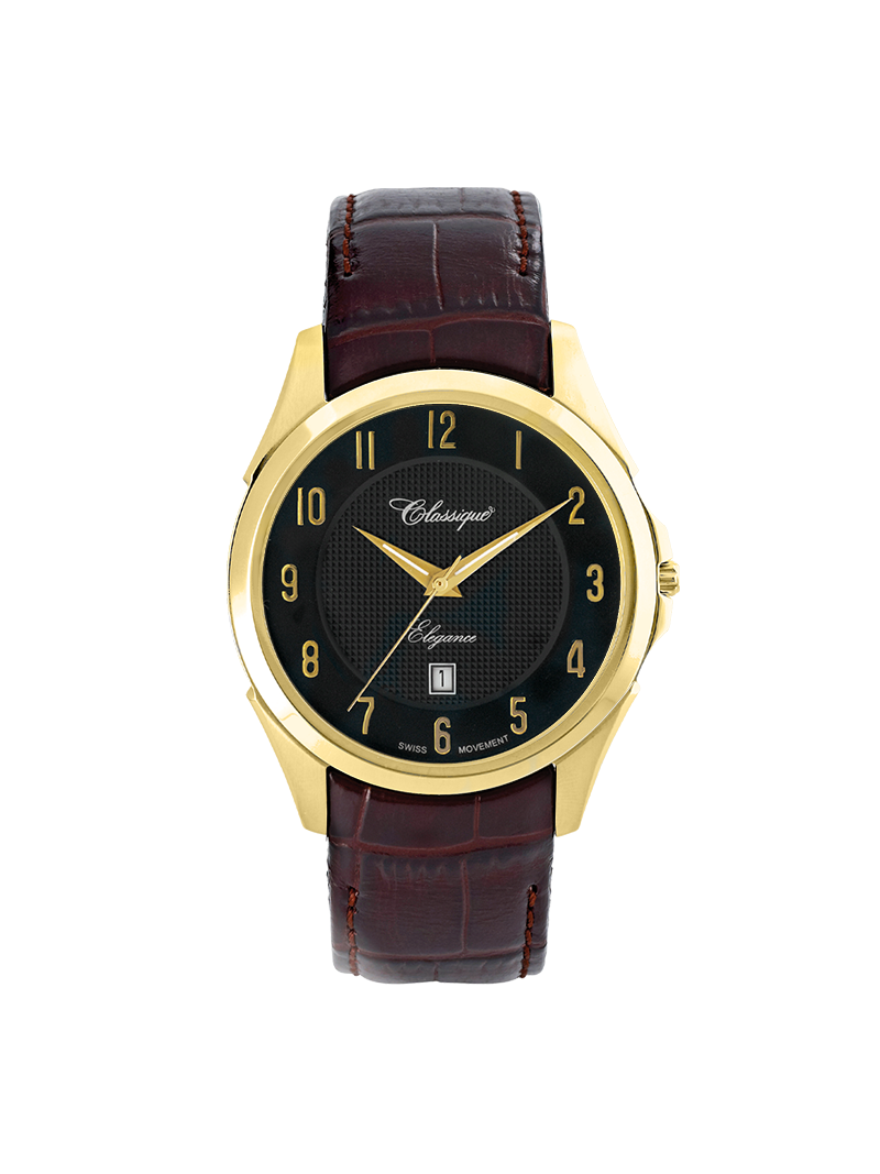 Case Gold Plated Stainless Steel Dial Black Dial Champagne Arabic Leather Brown