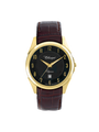 Case Gold Plated Stainless Steel Dial Black Dial Champagne Arabic Leather Brown