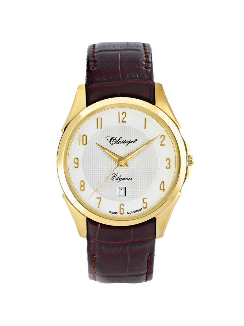 Case Gold Plated Stainless Steel Dial White Dial Champagne Arabic Leather Brown